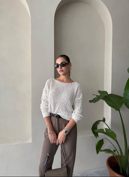 Krem Spider Triko Rahat Kesim Kazak - Resim 8