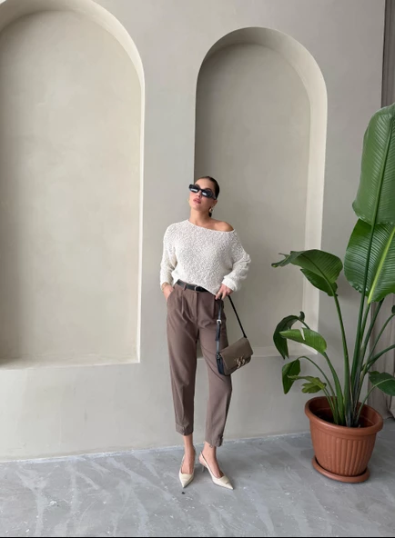 Krem Spider Triko Rahat Kesim Kazak - Resim 7