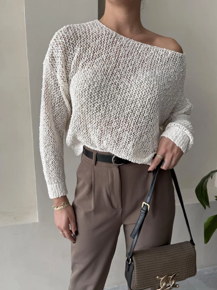 Krem Spider Triko Rahat Kesim Kazak - Resim 3