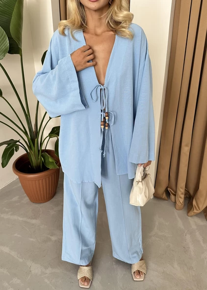 Mavi Boncuklu Kimono Keten Takım ürün görseli 1