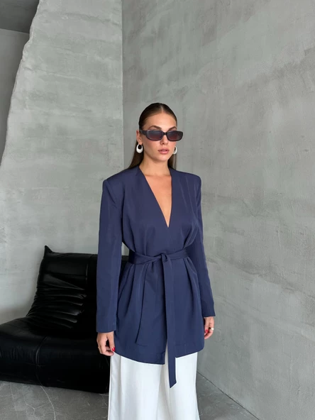 Lacivert Elegant Kuşaklı Ceket - Resim 5