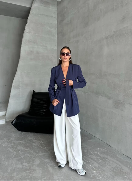 Lacivert Elegant Kuşaklı Ceket - Resim 6