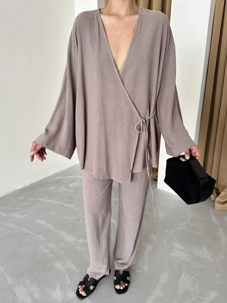 Vizon Kruvaze Pamuklu Kimono Pantolon Takım ürün görseli 1