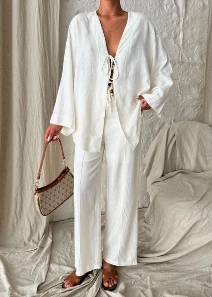 Ekru Boncuklu Kimono Keten Takım ürün görseli 1