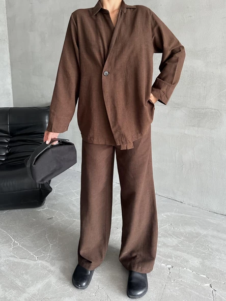 Kahve %100 Pamuk Kruvaze Kapama Tek Düğmeli Kimono Pantolon Takım ürün görseli 1