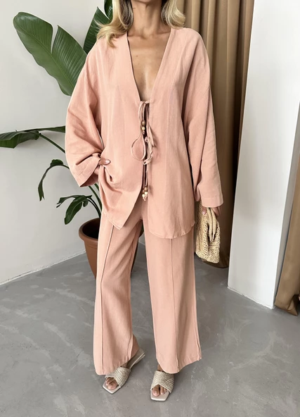 Pudra Boncuklu Kimono Keten Takım ürün görseli 1
