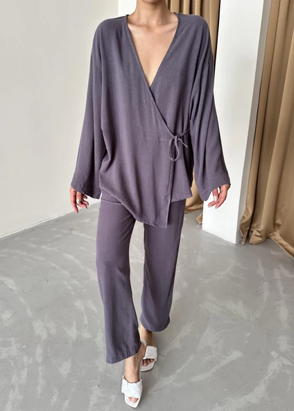 Antrasit Kruvaze Pamuklu Kimono Pantolon Takım ürün görseli 1