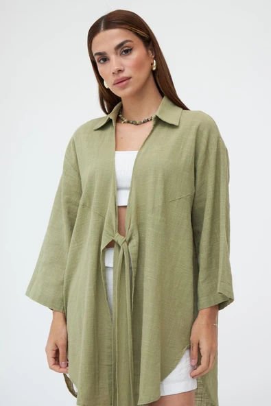 Haki Flam Keten Kimono Gömlek ürün görseli 1
