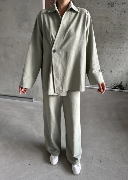 Haki %100 Pamuk Kruvaze Kapama Tek Düğmeli Kimono Pantolon Takım ürün görseli 1