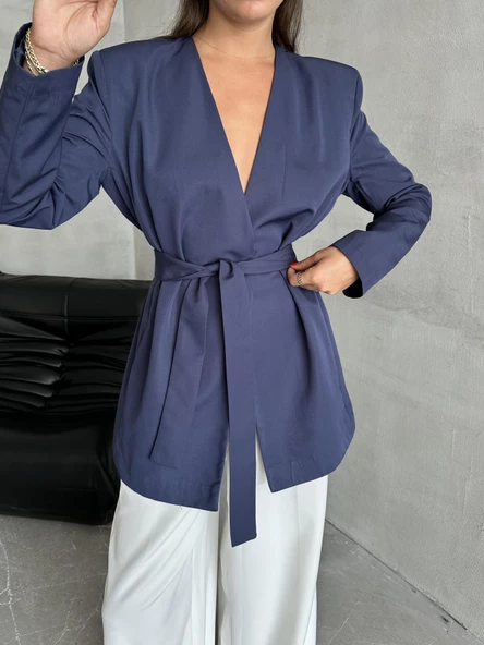 Lacivert Elegant Kuşaklı Ceket - Resim 4
