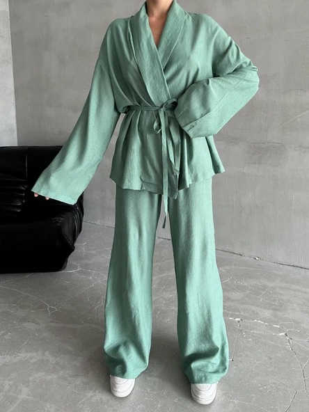 Mint Şal Yaka Kimono Pantolon Takım ürün görseli 1