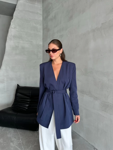 Lacivert Elegant Kuşaklı Ceket - Resim 9