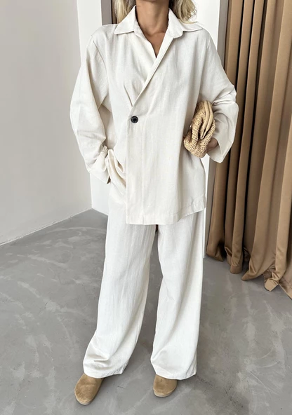 Natural %100 Pamuk Kruvaze Kapama Tek Düğmeli Kimono Pantolon Takım ürün görseli 1