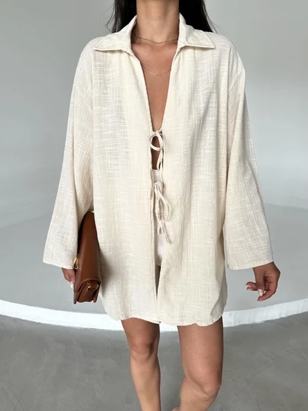 Taş %100 Keten Bağcık Detaylı Kimono Bluz ürün görseli 1