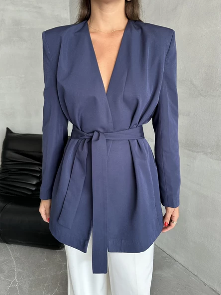 Lacivert Elegant Kuşaklı Ceket - Resim 3