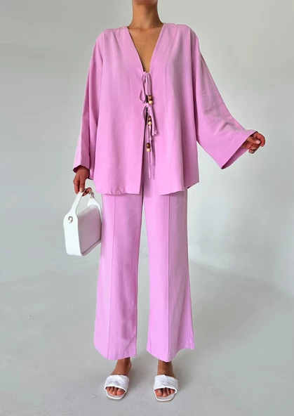 Pembe Boncuklu Kimono Keten Takım ürün görseli 1
