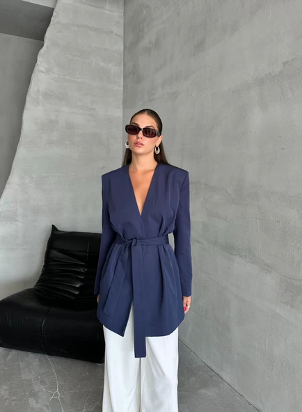 Lacivert Elegant Kuşaklı Ceket - Resim 7
