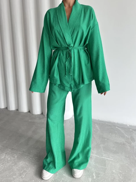 Yeşil Şal Yaka Kimono Pantolon Takım ürün görseli 1