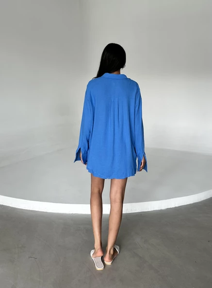 Mavi Summer Keten Oversize Gömlek Şort Takım - Resim 7