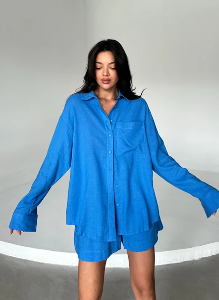 Mavi Summer Keten Oversize Gömlek Şort Takım - Resim 6