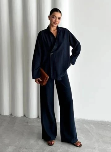 Lacivert %100 Pamuk Kruvaze Kapama Tek Düğmeli Kimono Pantolon Takım ürün görseli 1