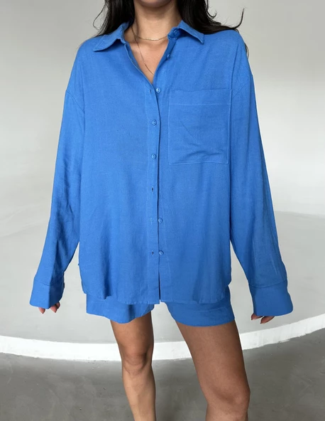 Mavi Summer Keten Oversize Gömlek Şort Takım ürün görseli 1