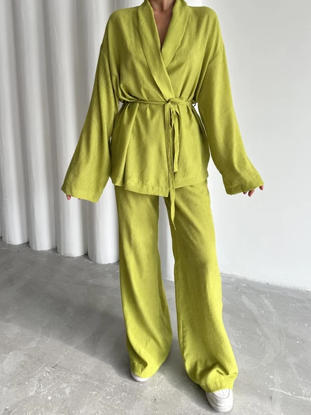 Fıstık Şal Yaka Kimono Pantolon Takım ürün görseli 1