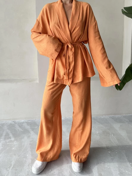 Turuncu Şal Yaka Kimono Pantolon Takım ürün görseli 1