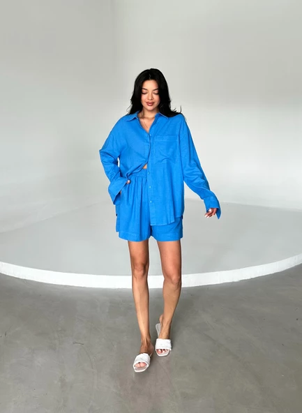 Mavi Summer Keten Oversize Gömlek Şort Takım - Resim 4