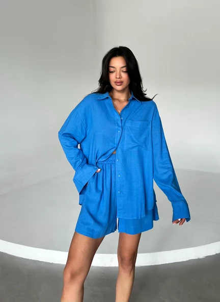 Mavi Summer Keten Oversize Gömlek Şort Takım - Resim 5