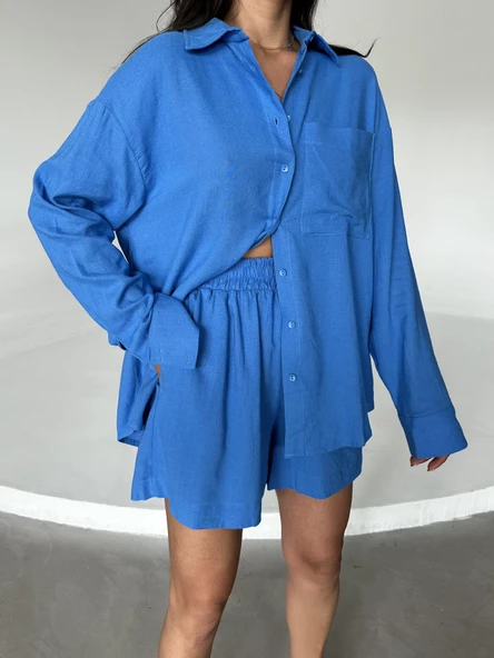 Mavi Summer Keten Oversize Gömlek Şort Takım - Resim 2