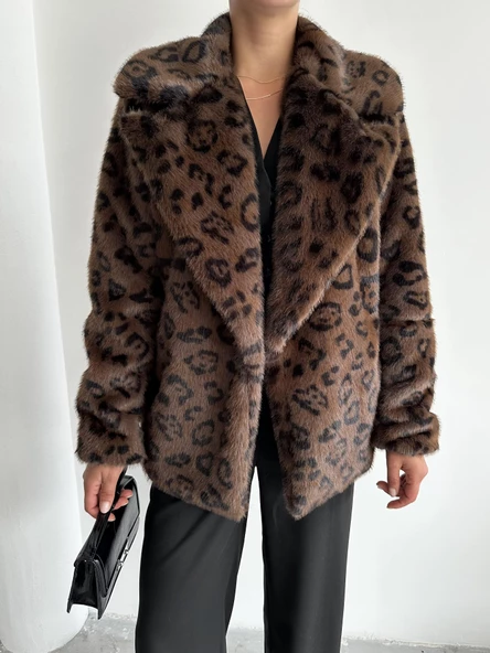 Kahve Lion Leopar Desen Kürk Mont ürün görseli 1