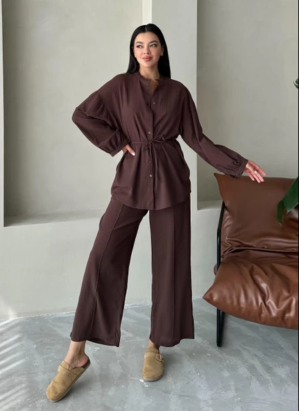 Kahve Vanessa Bel Bağlı Balon Kol Takım ürün görseli 1