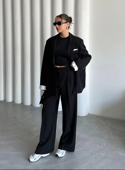 Siyah Gömlek Detaylı Blazer Ceket Pantolon Takım ürün görseli 1
