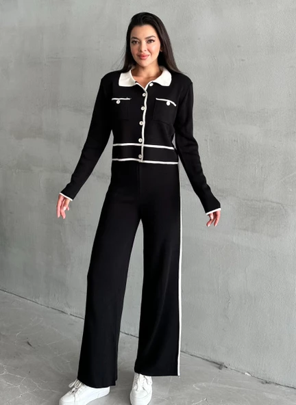 Siyah Classy Polo Yaka Kontrast Şeritli Triko Takım ürün görseli 1