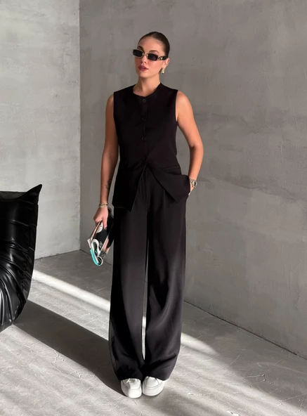 Siyah Camille Klasik Düğmeli Yelek Pantolon Takım ürün görseli 1