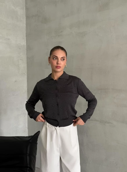 Antrasit Polo Yaka Mini Topçuklu Bluz - Resim 5