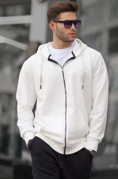 Madmext Ekru Fermuarlı Kapüşonlu Sweatshirt 6161 ürün görseli 1
