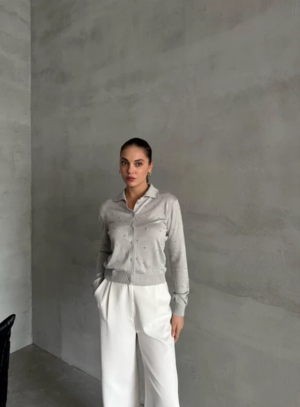 Gri Polo Yaka Mini Topçuklu Bluz - Resim 9