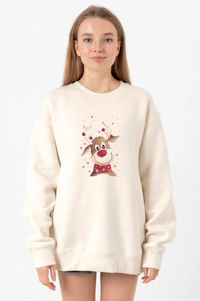 Watercolor Christmas Deer Ekru Kadın 2ip Sweatshirt ürün görseli 1