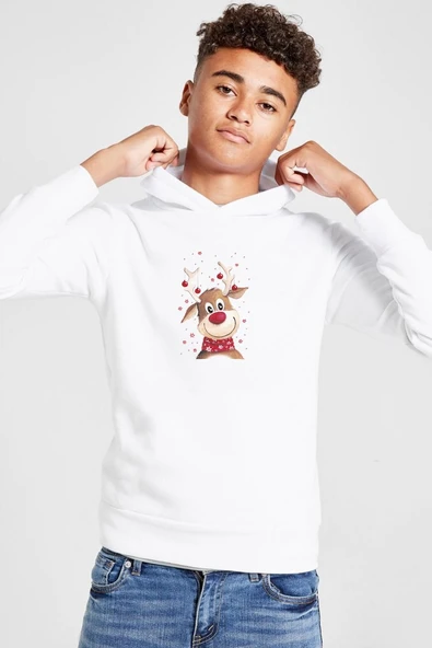 Watercolor Christmas Deer Beyaz Çocuk 3ip Kapşonlu  Sweatshirt ürün görseli 1