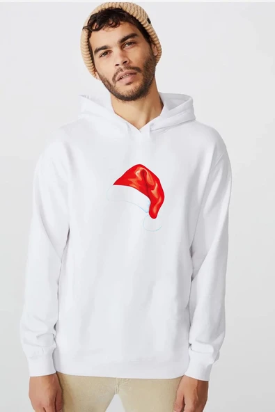 Watercolor Christmas Hat Beyaz Erkek 3ip Kapşonlu  Sweatshirt ürün görseli 1