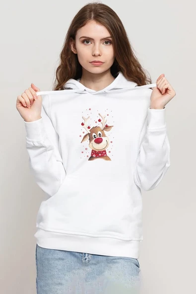 Watercolor Christmas Deer Beyaz Kadın 3ip Kapşonlu Sweatshirt ürün görseli 1