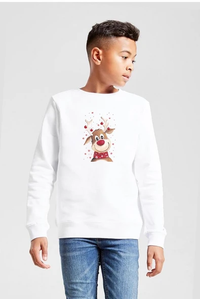 Watercolor Christmas Deer Beyaz Çocuk 2ip Sweatshirt ürün görseli 1