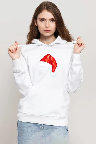 Watercolor Christmas Hat Beyaz Kadın 3ip Kapşonlu Sweatshirt ürün görseli 1