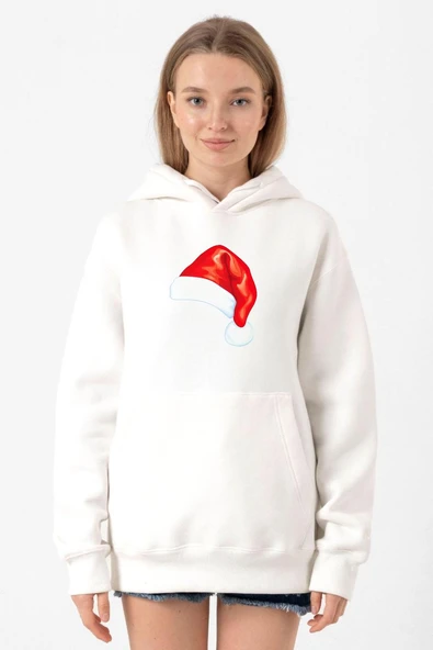 Watercolor Christmas Hat Beyaz Kadın 3ip Kapşonlu Sweatshirt ürün görseli 1