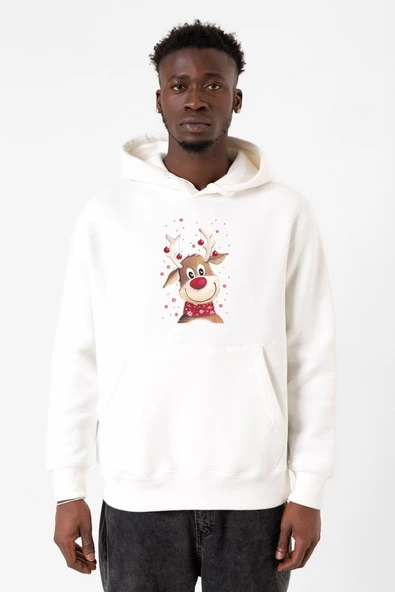 Watercolor Christmas Deer Beyaz Erkek 3ip Kapşonlu Sweatshirt ürün görseli 1