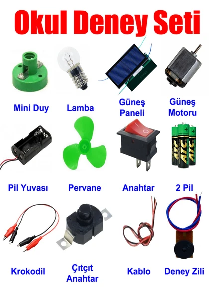 Okul Deney Seti - 8 Güneş Paneli, Duy, Anahtar, Pil, Motor, Krokodil Full Set ürün görseli 1