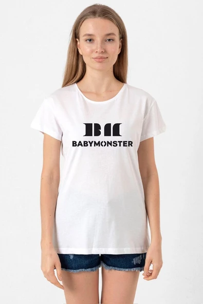Babymonster Logo Beyaz Kadın Bisikletyaka Tshirt ürün görseli 1