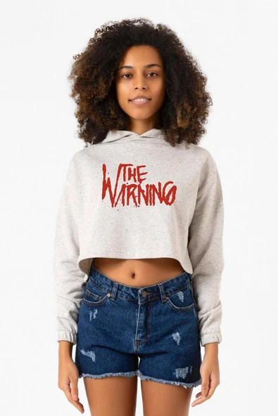 The Warning Logo Beyaz Kırçıllı Kadın Crop Kapşonlu ürün görseli 1